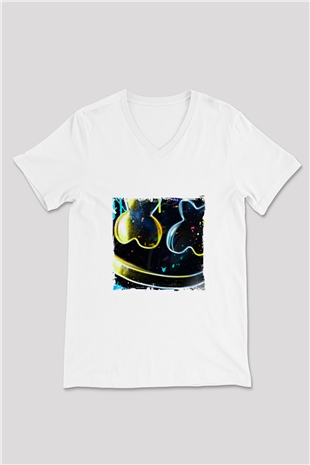 Marshmello Baskılı Beyaz V Yaka Unisex Tişört