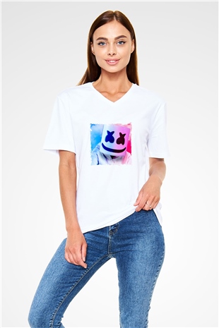 Marshmello Baskılı Beyaz V Yaka Unisex Tişört