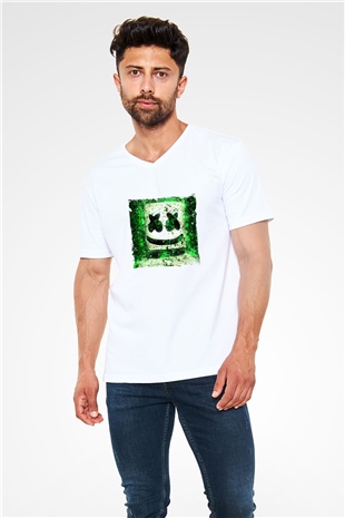 Marshmello Baskılı Beyaz V Yaka Unisex Tişört
