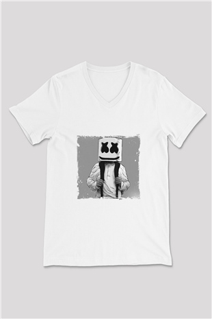Marshmello Baskılı Beyaz V Yaka Unisex Tişört