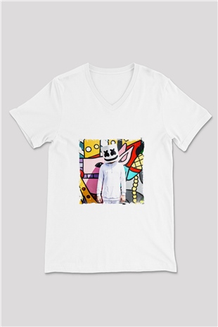 Marshmello Baskılı Beyaz V Yaka Unisex Tişört
