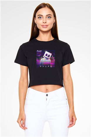 Marshmello Baskılı Crop Top Siyah Kadın Tişört
