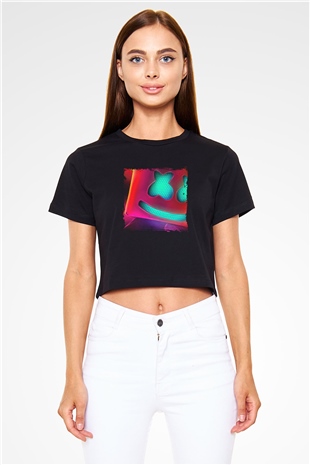 Marshmello Baskılı Crop Top Siyah Kadın Tişört