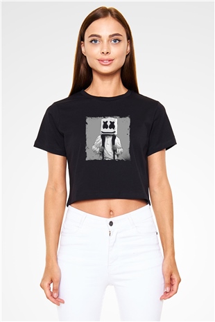 Marshmello Baskılı Crop Top Siyah Kadın Tişört