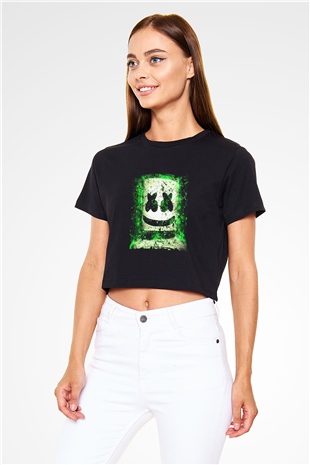 Marshmello Baskılı Crop Top Siyah Kadın Tişört