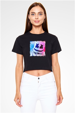 Marshmello Baskılı Crop Top Siyah Kadın Tişört