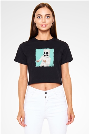 Marshmello Baskılı Crop Top Siyah Kadın Tişört