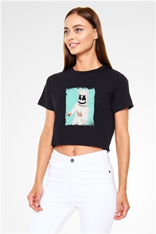 Marshmello Baskılı Crop Top Siyah Kadın Tişört
