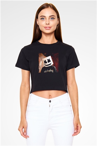 Marshmello Baskılı Crop Top Siyah Kadın Tişört