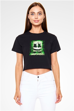 Marshmello Baskılı Crop Top Siyah Kadın Tişört