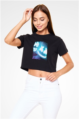 Marshmello Baskılı Crop Top Siyah Kadın Tişört