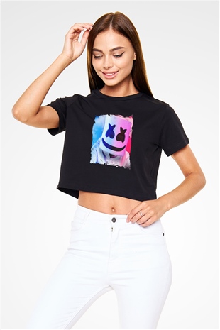 Marshmello Baskılı Crop Top Siyah Kadın Tişört