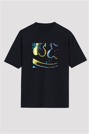 Marshmello Baskılı Unisex Oversize Siyah Tişört
