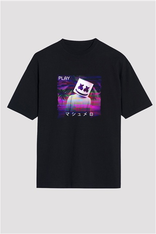 Marshmello Baskılı Unisex Oversize Siyah Tişört