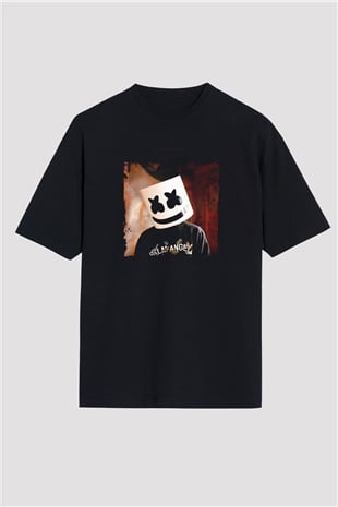 Marshmello Baskılı Unisex Oversize Siyah Tişört
