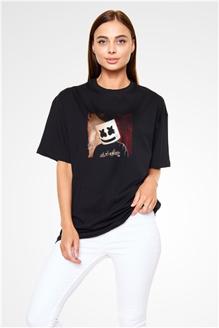 Marshmello Baskılı Unisex Oversize Siyah Tişört