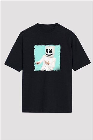 Marshmello Baskılı Unisex Oversize Siyah Tişört