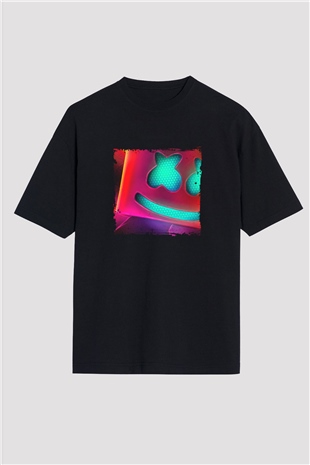 Marshmello Baskılı Unisex Oversize Siyah Tişört