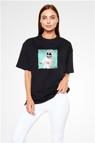 Marshmello Baskılı Unisex Oversize Siyah Tişört