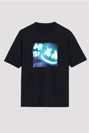 Marshmello Baskılı Unisex Oversize Siyah Tişört