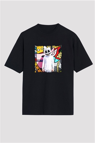 Marshmello Baskılı Unisex Oversize Siyah Tişört