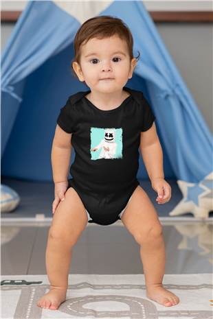 Marshmello Baskılı Unisex Siyah Bebek Body - Zıbın