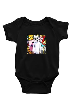 Marshmello Baskılı Unisex Siyah Bebek Body - Zıbın