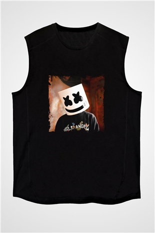 Marshmello Baskılı Unisex Siyah Kolsuz Tişört