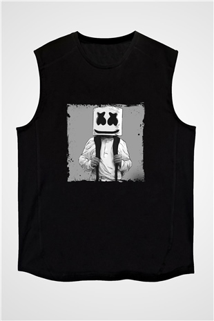 Marshmello Baskılı Unisex Siyah Kolsuz Tişört