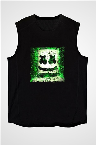 Marshmello Baskılı Unisex Siyah Kolsuz Tişört