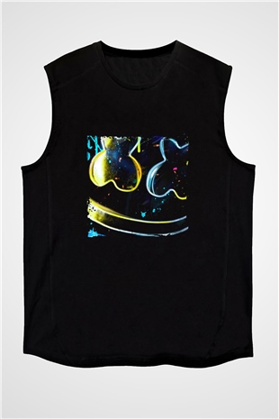 Marshmello Baskılı Unisex Siyah Kolsuz Tişört