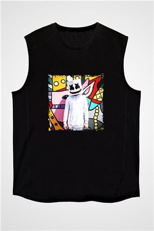 Marshmello Baskılı Unisex Siyah Kolsuz Tişört