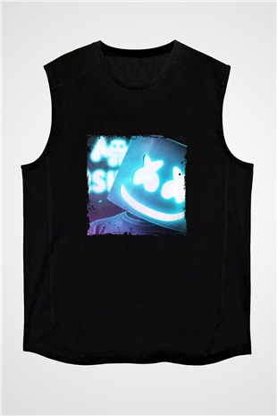 Marshmello Baskılı Unisex Siyah Kolsuz Tişört