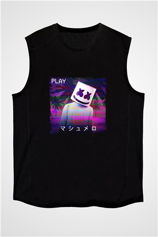 Marshmello Baskılı Unisex Siyah Kolsuz Tişört