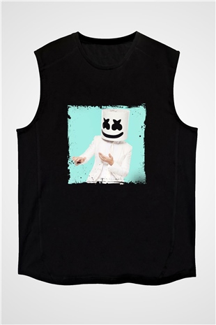 Marshmello Baskılı Unisex Siyah Kolsuz Tişört