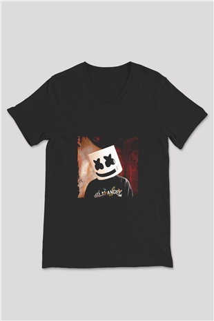 Marshmello Baskılı Unisex Siyah V Yaka Tişört