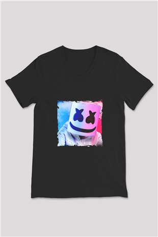Marshmello Baskılı Unisex Siyah V Yaka Tişört
