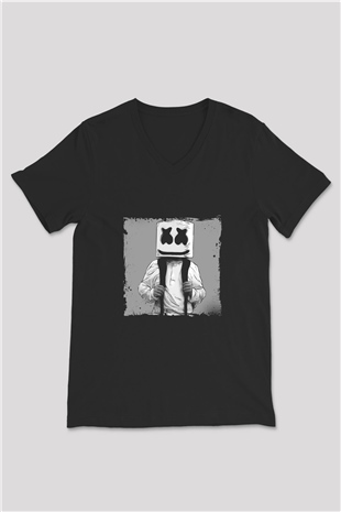 Marshmello Baskılı Unisex Siyah V Yaka Tişört