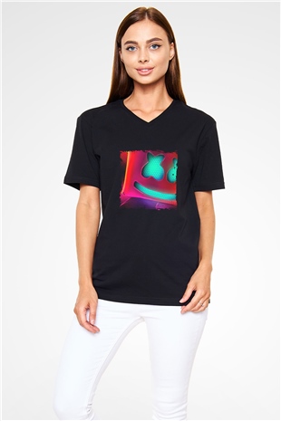Marshmello Baskılı Unisex Siyah V Yaka Tişört