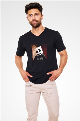 Marshmello Baskılı Unisex Siyah V Yaka Tişört