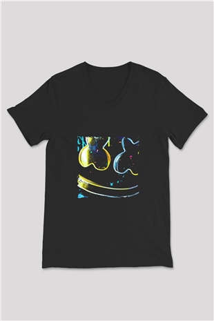 Marshmello Baskılı Unisex Siyah V Yaka Tişört