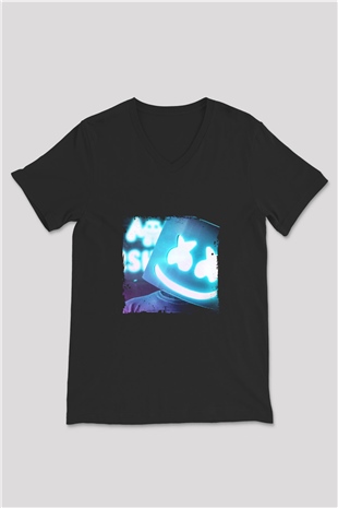 Marshmello Baskılı Unisex Siyah V Yaka Tişört
