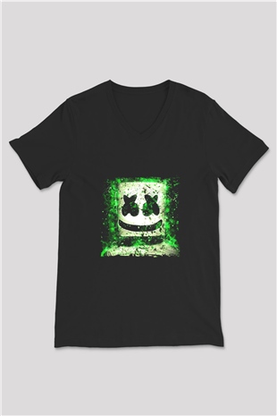 Marshmello Baskılı Unisex Siyah V Yaka Tişört