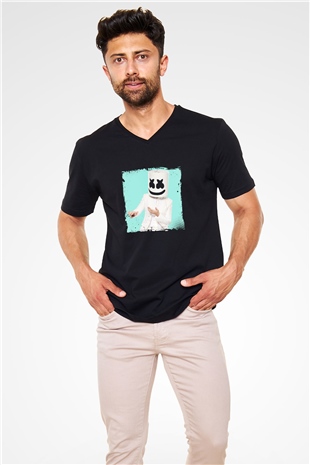 Marshmello Baskılı Unisex Siyah V Yaka Tişört