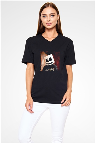 Marshmello Baskılı Unisex Siyah V Yaka Tişört