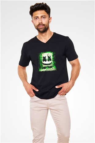 Marshmello Baskılı Unisex Siyah V Yaka Tişört