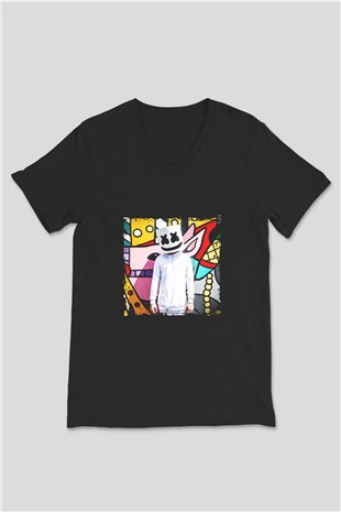 Marshmello Baskılı Unisex Siyah V Yaka Tişört