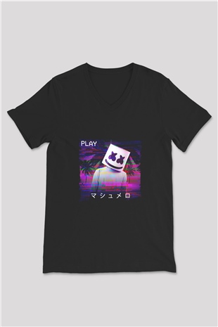 Marshmello Baskılı Unisex Siyah V Yaka Tişört