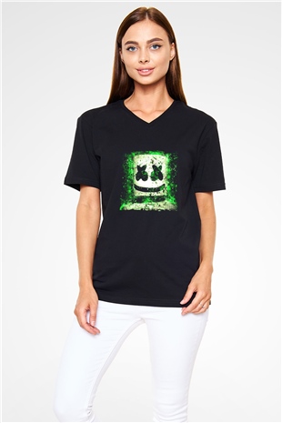 Marshmello Baskılı Unisex Siyah V Yaka Tişört