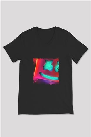 Marshmello Baskılı Unisex Siyah V Yaka Tişört